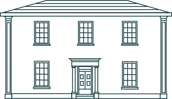 Simple line drawing of a two-story house with a centered front door, four windows on the upper floor, and two windows on either side of the door. The house has a triangular roof and prominent columns. Sancreed House Retreat