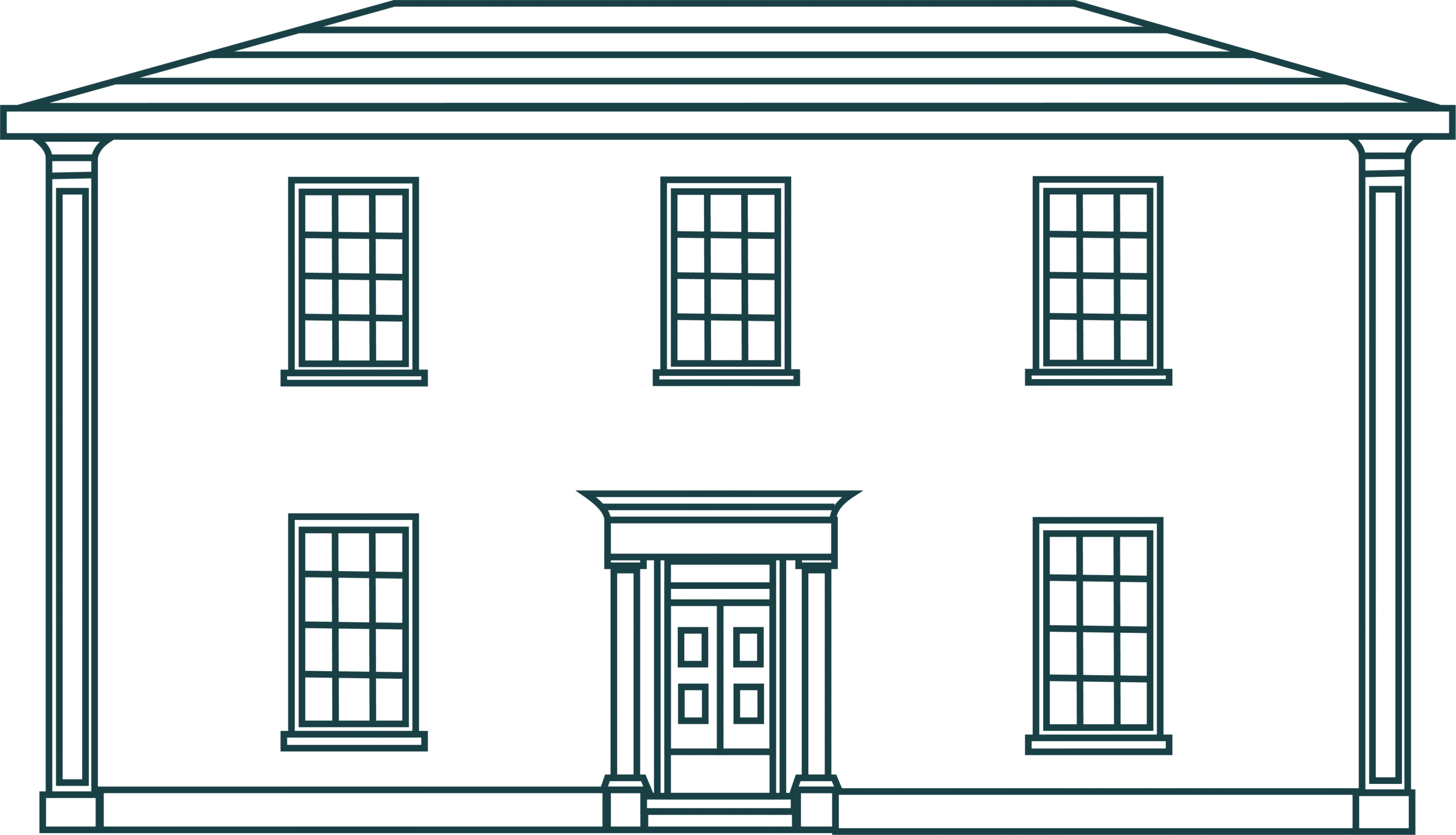 Simple line drawing of a two-story house with a centered front door, four windows on the upper floor, and two windows on either side of the door. The house has a triangular roof and prominent columns. Sancreed House Retreat