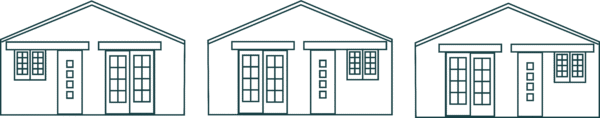 Three simple line drawings of houses in a row, each with a front door, windows, and triangular roof, shown in a minimalist black and white style. Sancreed House Retreat