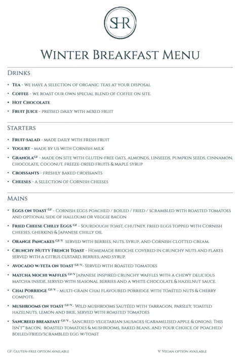 A home-cooked wholesome winter breakfast menu featuring drinks, starters, and mains like eggs on toast, pancakes, and shakshuka, with gluten-free and vegan options—displayed on a pale background with elegant typography. Sancreed House Retreat