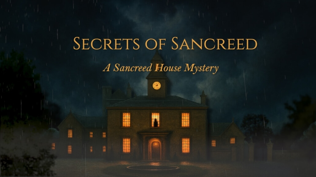 An old, large house with lit windows and a clock tower stands in the rain at night. The text reads: Secrets of Sancreed: A Sancreed House Mystery. Sancreed House Retreat