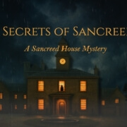 An old, large house with lit windows and a clock tower stands in the rain at night. The text reads: Secrets of Sancreed: A Sancreed House Mystery. Sancreed House Retreat