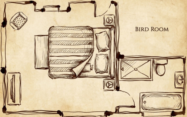 Hand-drawn floor plan labeled Bird Room showing a bed with two pillows, a nightstand, a chair, a wardrobe, a shower, a bathtub, a toilet, and a sink on a parchment-like background. Sancreed House Retreat
