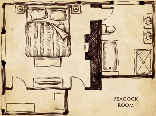 Hand-drawn floor plan of the “Peacock Room” showing a double bed, two nightstands, a closet, a bathroom with a tub, shower, and double sinks, and a sitting area with a bench. Sancreed House Retreat