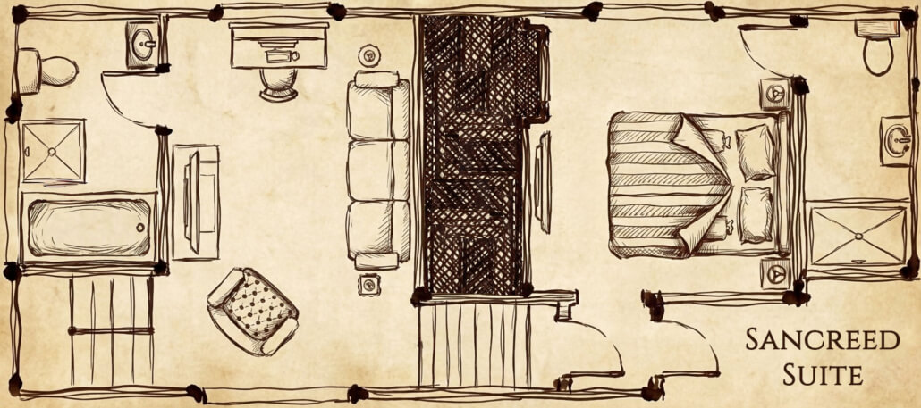 Hand-drawn floor plan of a suite labeled Sancreed Suite with a bedroom, living area with sofa and chair, bathroom with tub and toilet, and entryway, all shown from a top-down view on parchment-style background. Sancreed House Retreat